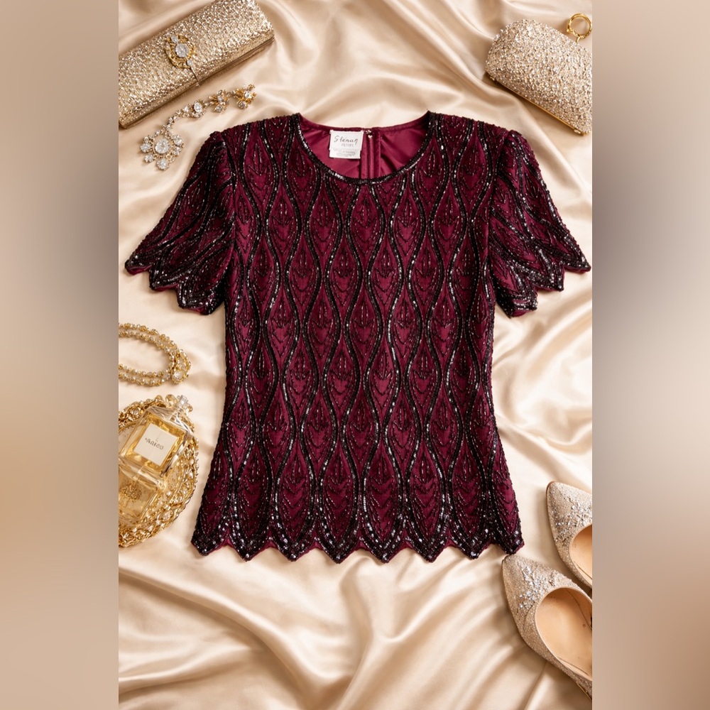 Vintage Stenay Petite PS Burgundy Silk Black Beaded 90s Art Deco Evening Blouse
